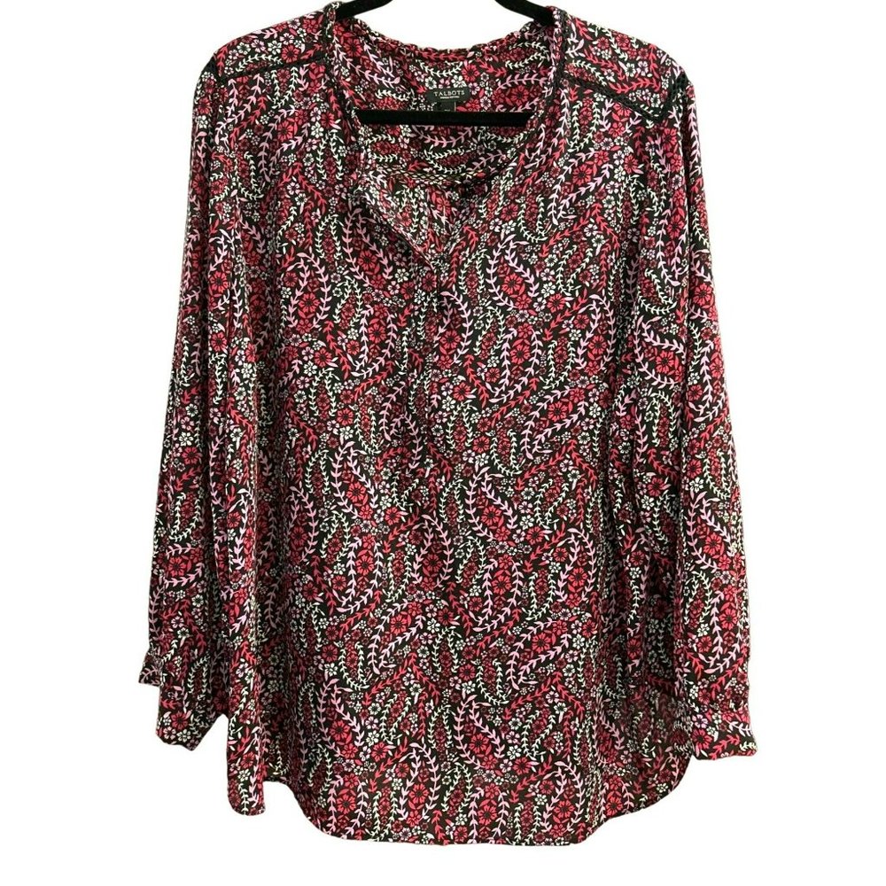 Talbot's Women's Red Pink Floral Blouse Size 2XP Petite Plus Size Long Sleeve